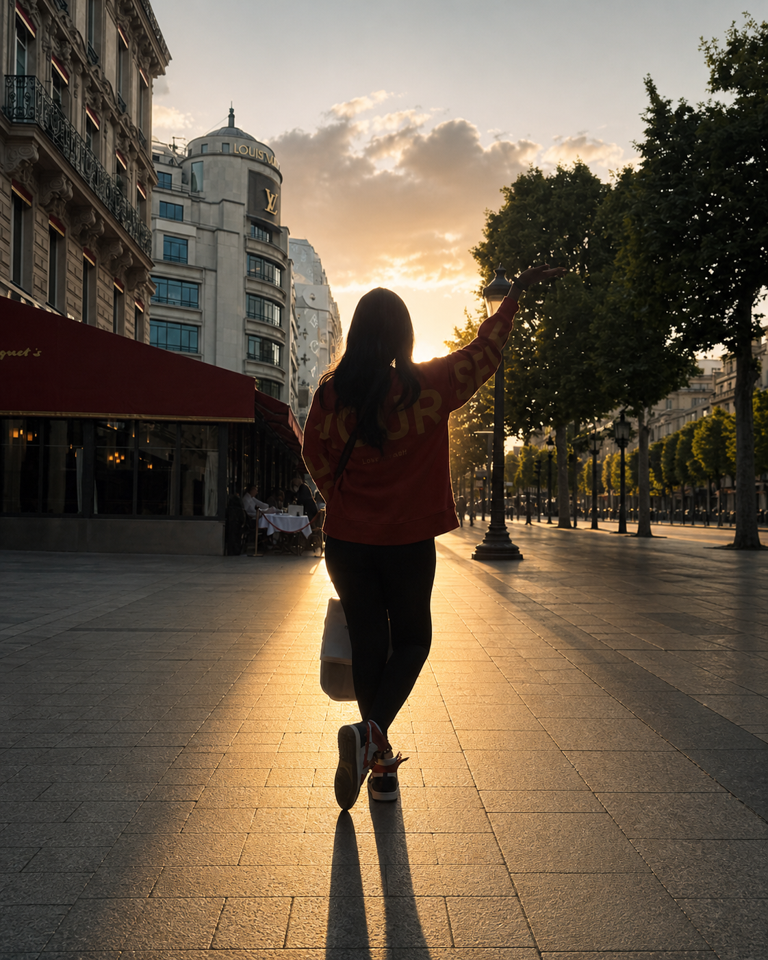 The founder of Global Departures walking along the Champs-Élysées at sunset, photographed from behind